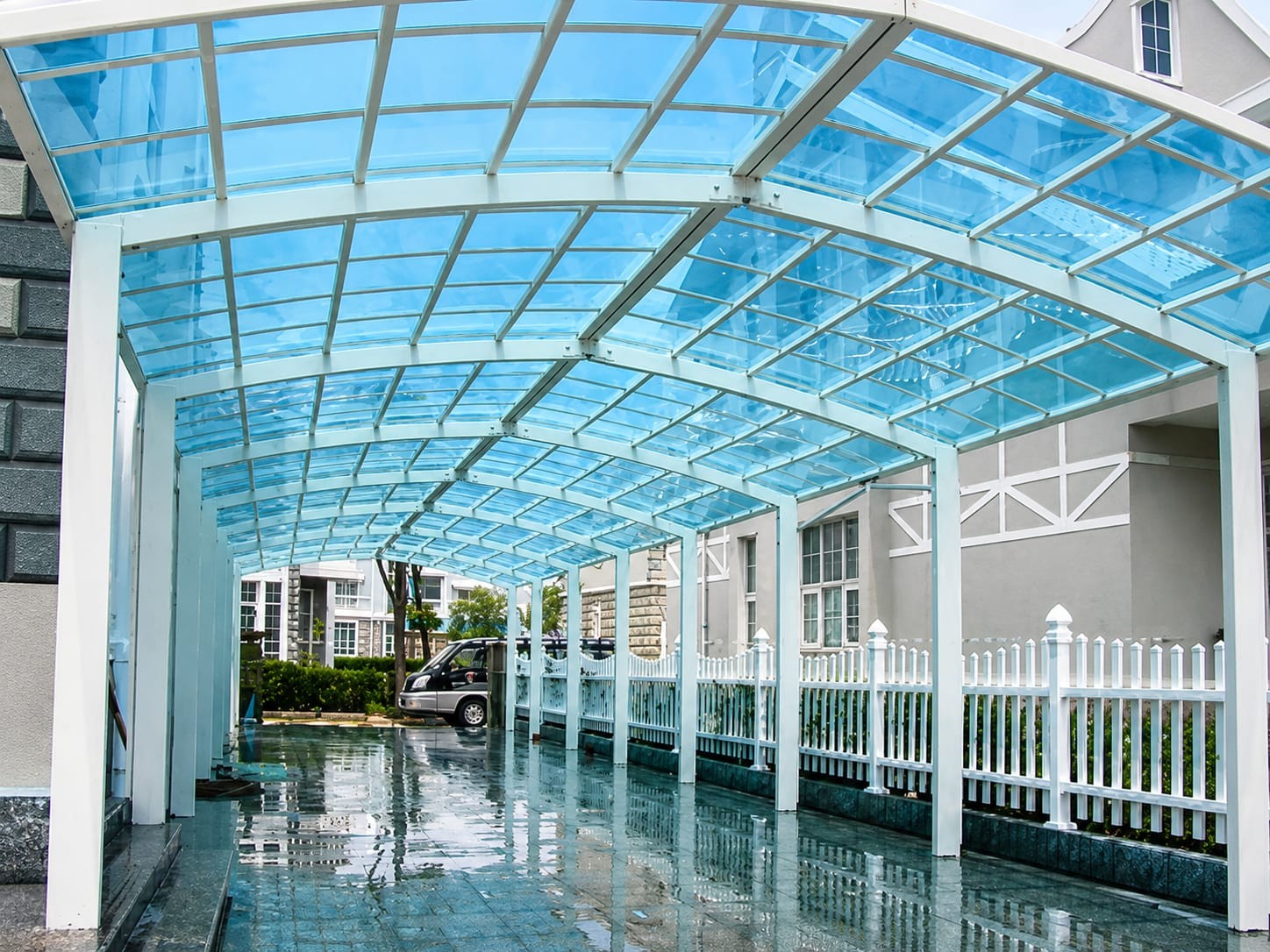 Polycarbonate covered walkway built by Top Shell Roof